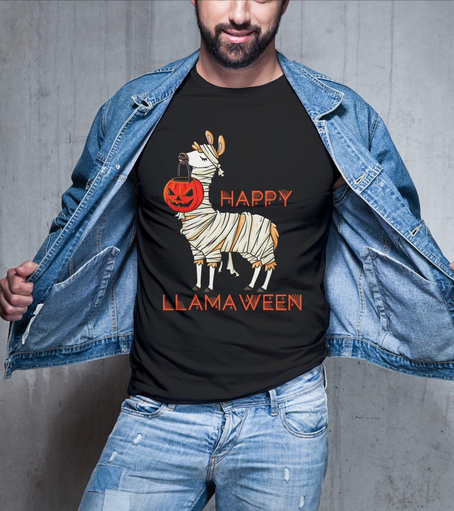 Happy Llamaween Funny Halloween Mummy Llama With Pumpkin Girls T-Shirt