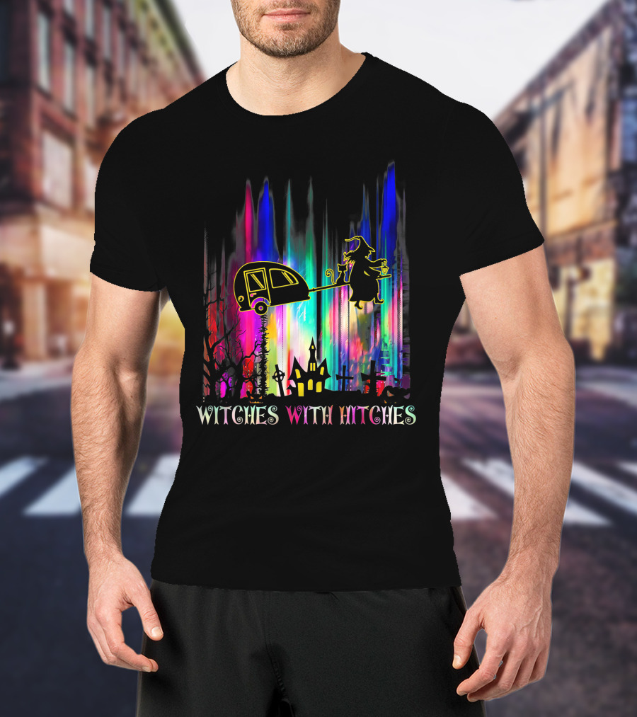 Witches With Hitches Halloween Camping Scene With Colorful Background T-Shirt
