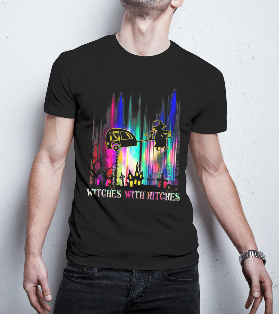 Witches With Hitches Halloween Camping Scene With Colorful Background T-Shirt
