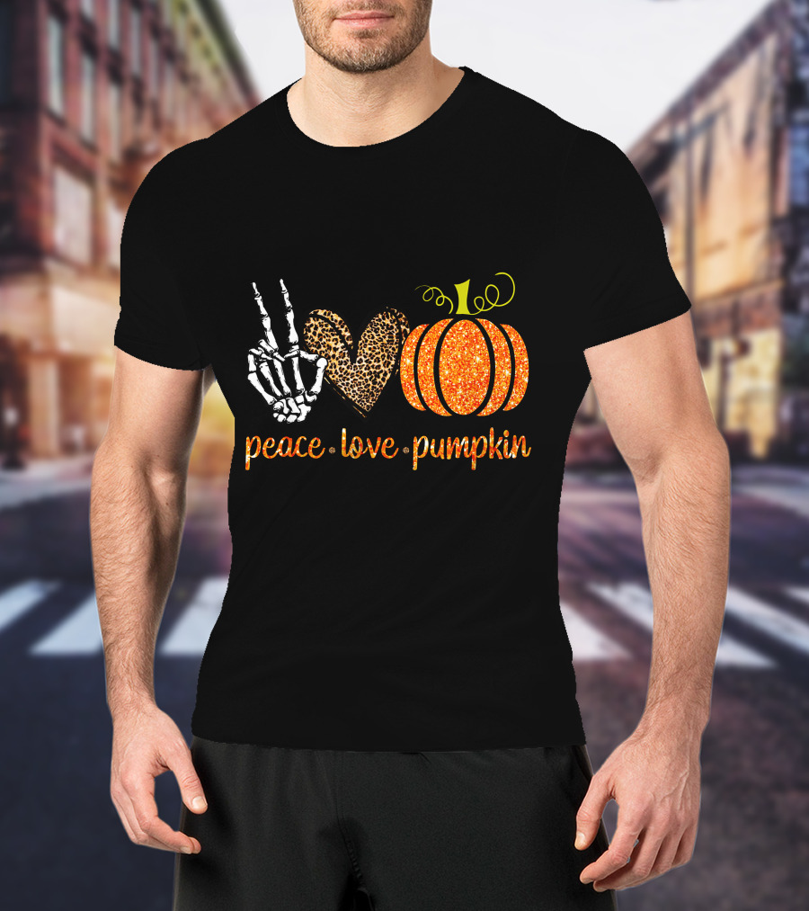 Peace Love Pumpkin Halloween Fall Girls Skeleton Leopard Print T-Shirt