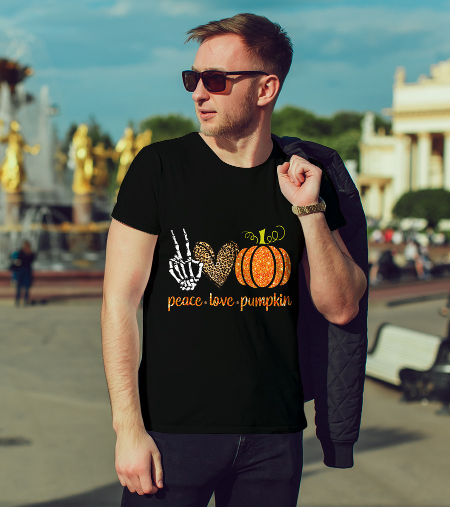 Peace Love Pumpkin Halloween Fall Girls Skeleton Leopard Print T-Shirt
