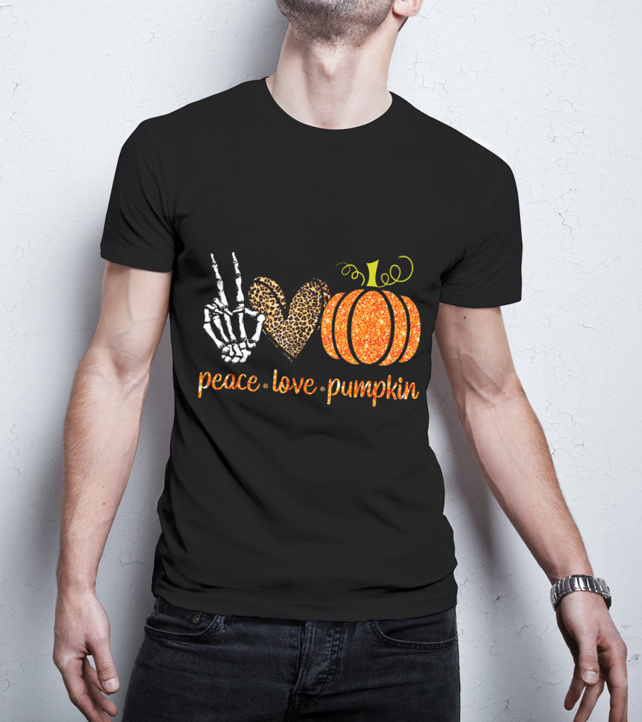Peace Love Pumpkin Halloween Fall Girls Skeleton Leopard Print T-Shirt