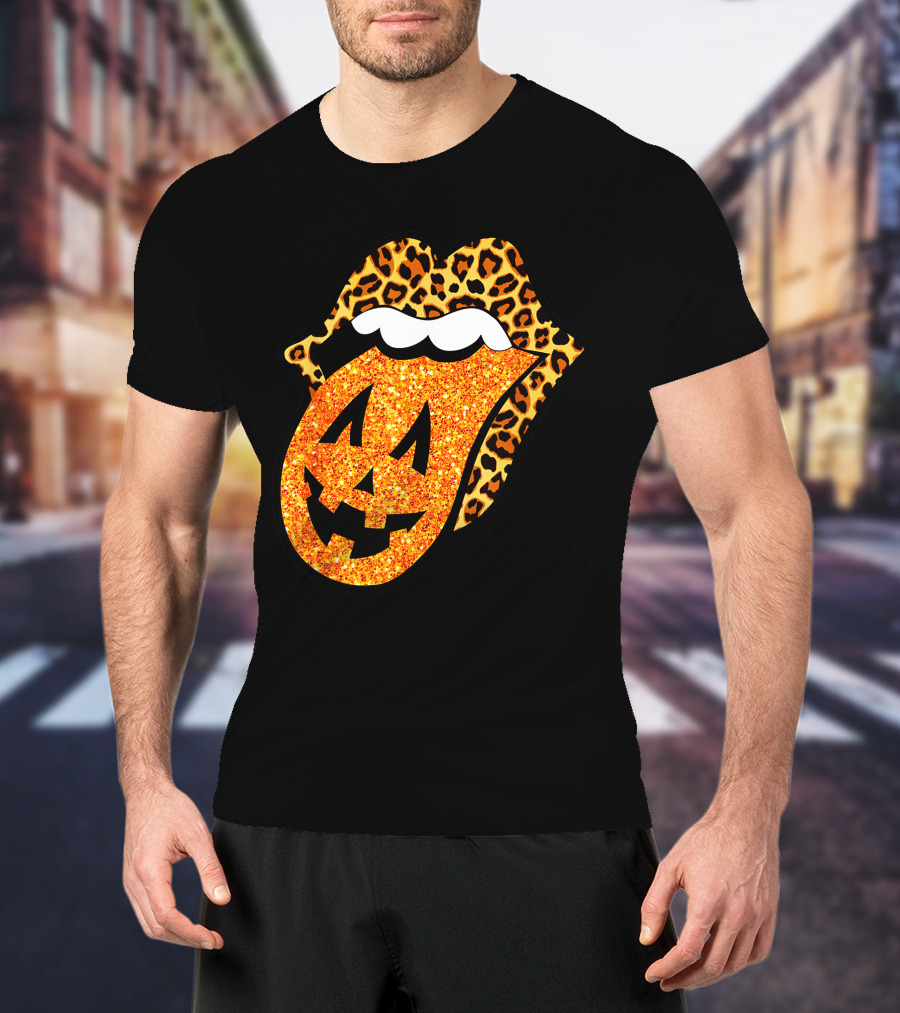 Leopard Lips Pumpkin Tongue Halloween Jack-O'-Lantern Face T-Shirt