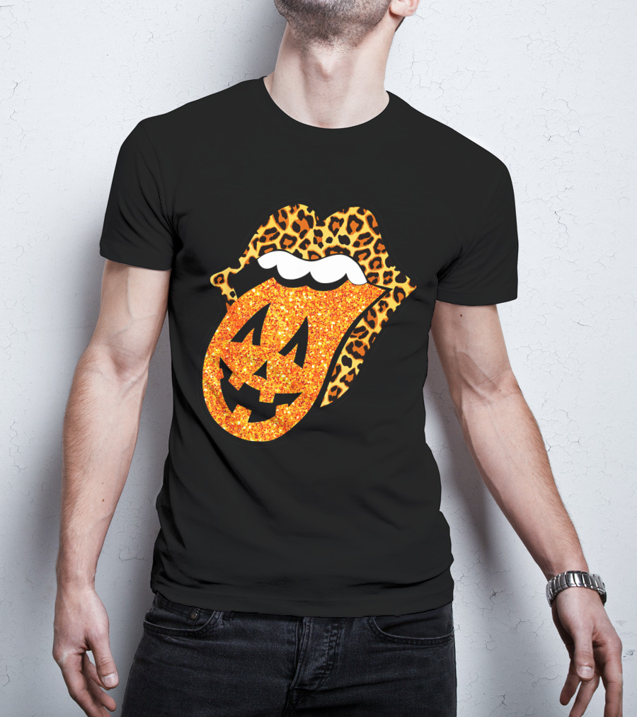 Leopard Lips Pumpkin Tongue Halloween Jack-O'-Lantern Face T-Shirt