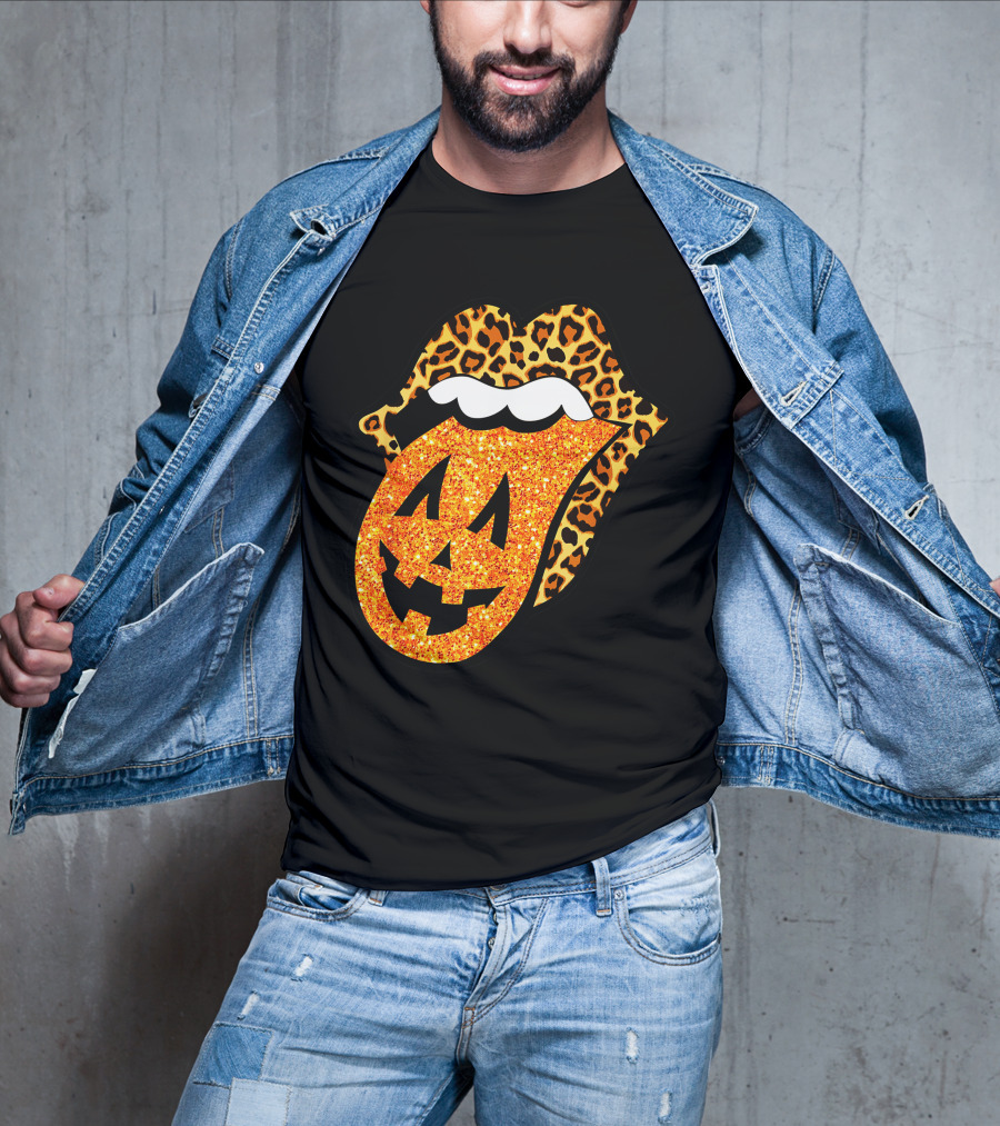Leopard Lips Pumpkin Tongue Halloween Jack-O'-Lantern Face T-Shirt