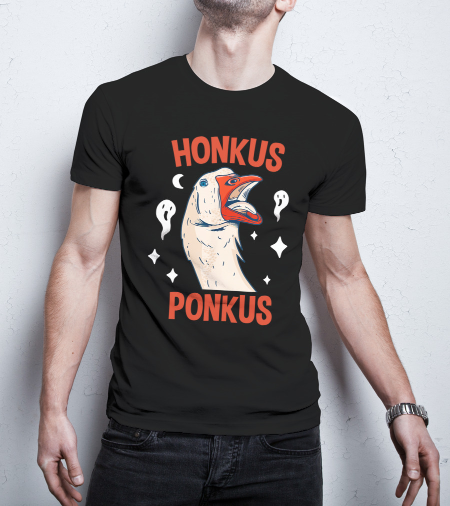 Honkus Ponkus Funny Halloween Duck With Ghosts And Stars T-Shirt