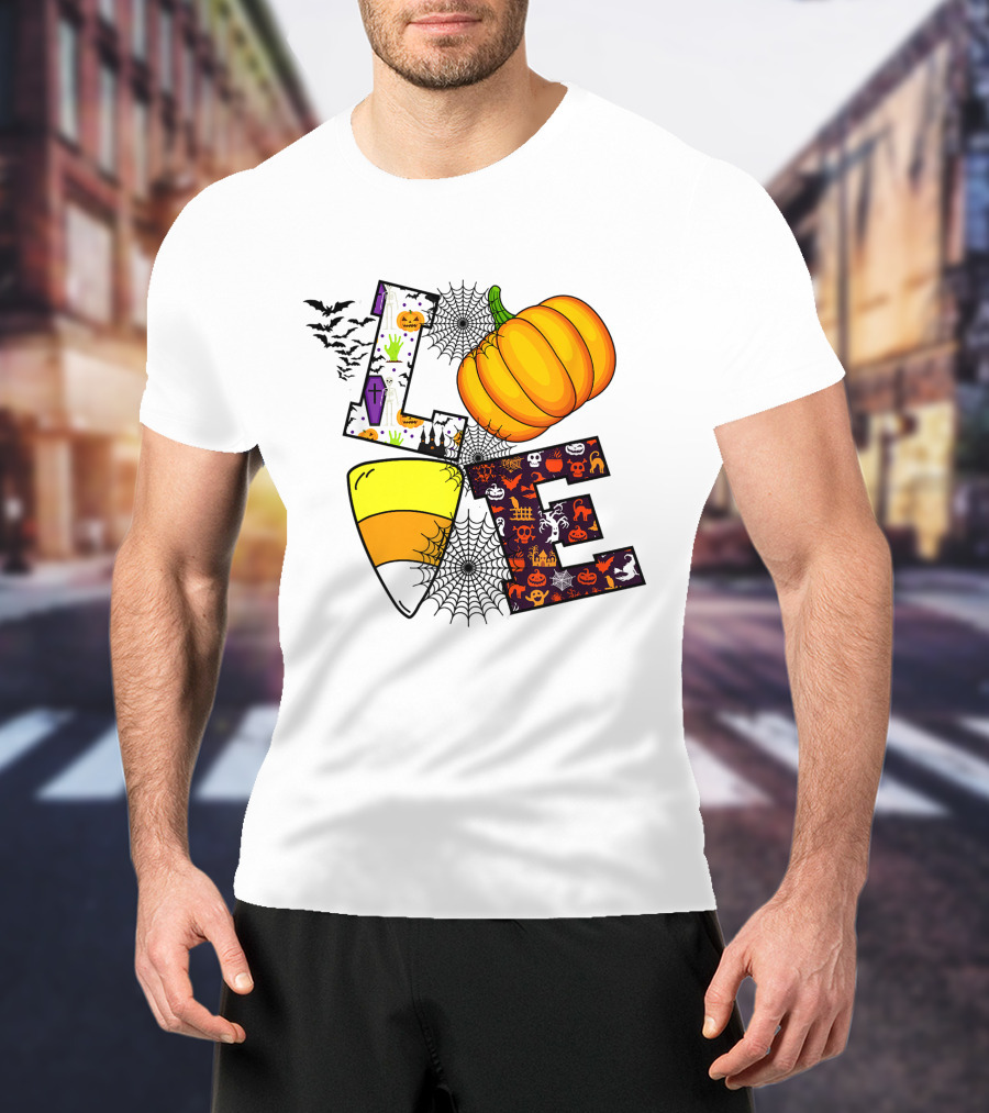 Love Pumpkin Candy Corn Halloween Spiderweb Bats Ghosts T-Shirt