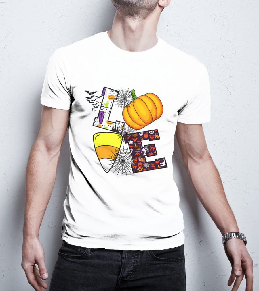 Love Pumpkin Candy Corn Halloween Spiderweb Bats Ghosts T-Shirt