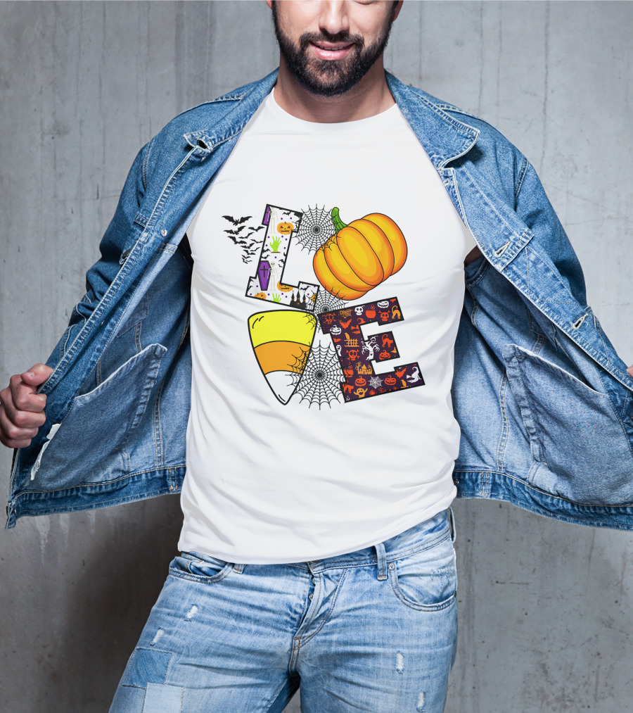 Love Pumpkin Candy Corn Halloween Spiderweb Bats Ghosts T-Shirt