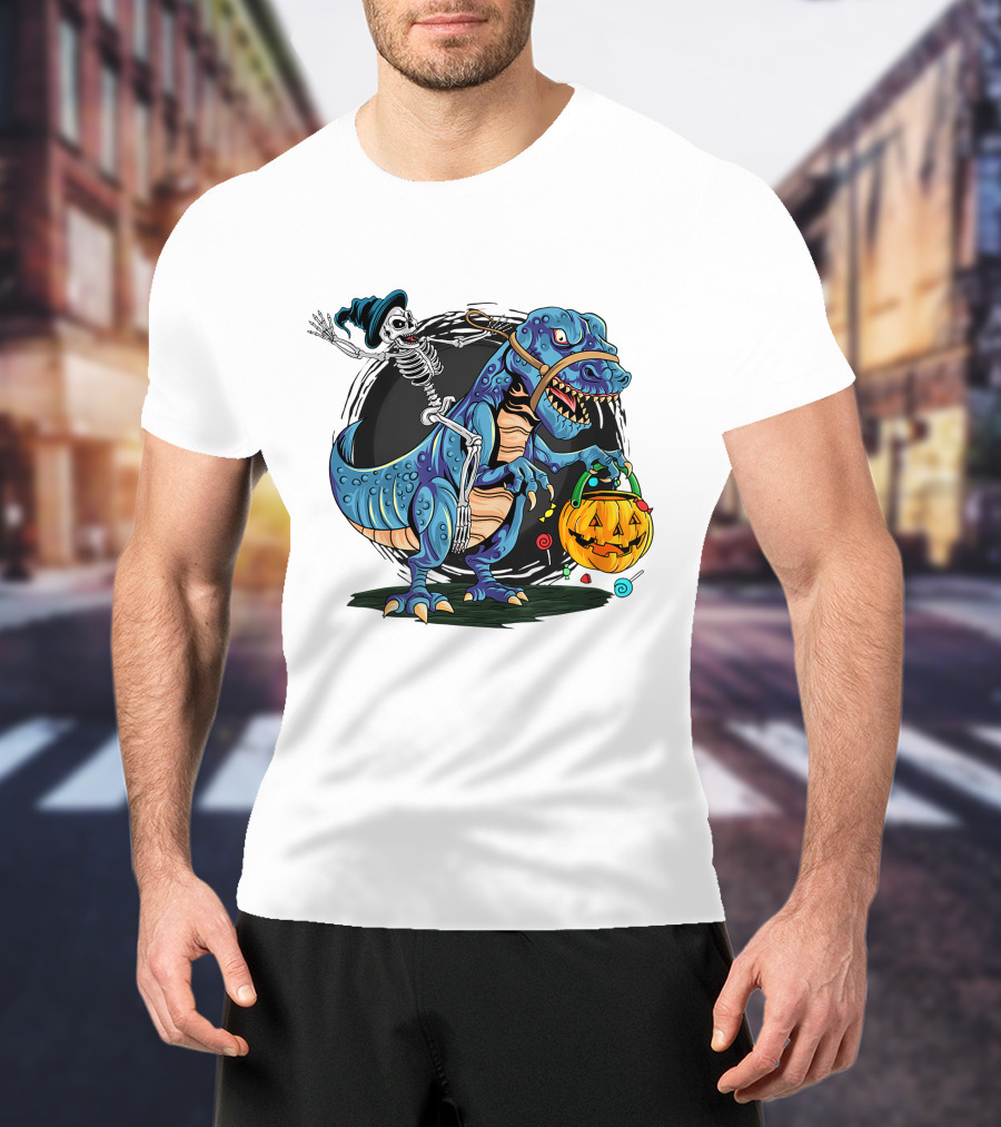 Skeleton Riding Dinosaur Halloween Candy Pumpkin Monster T-Shirt