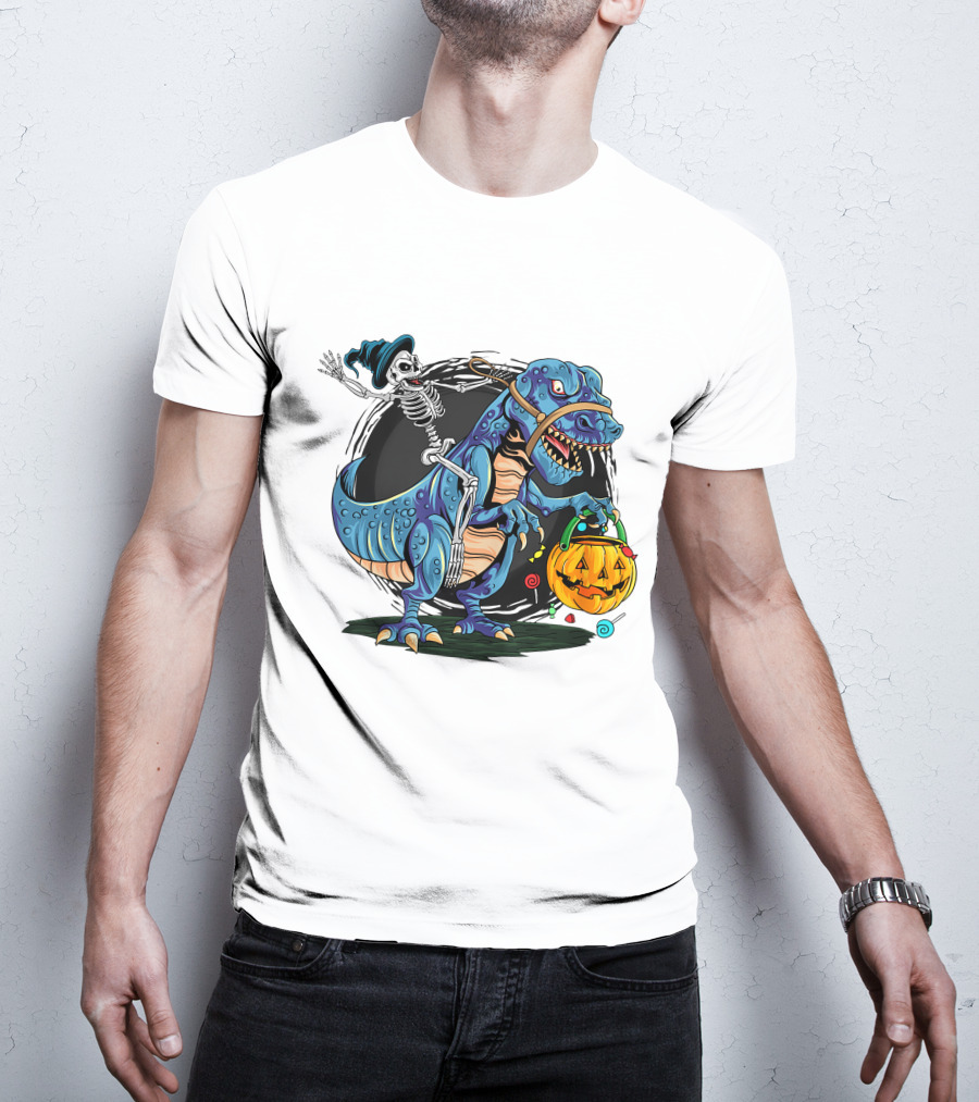 Skeleton Riding Dinosaur Halloween Candy Pumpkin Monster T-Shirt