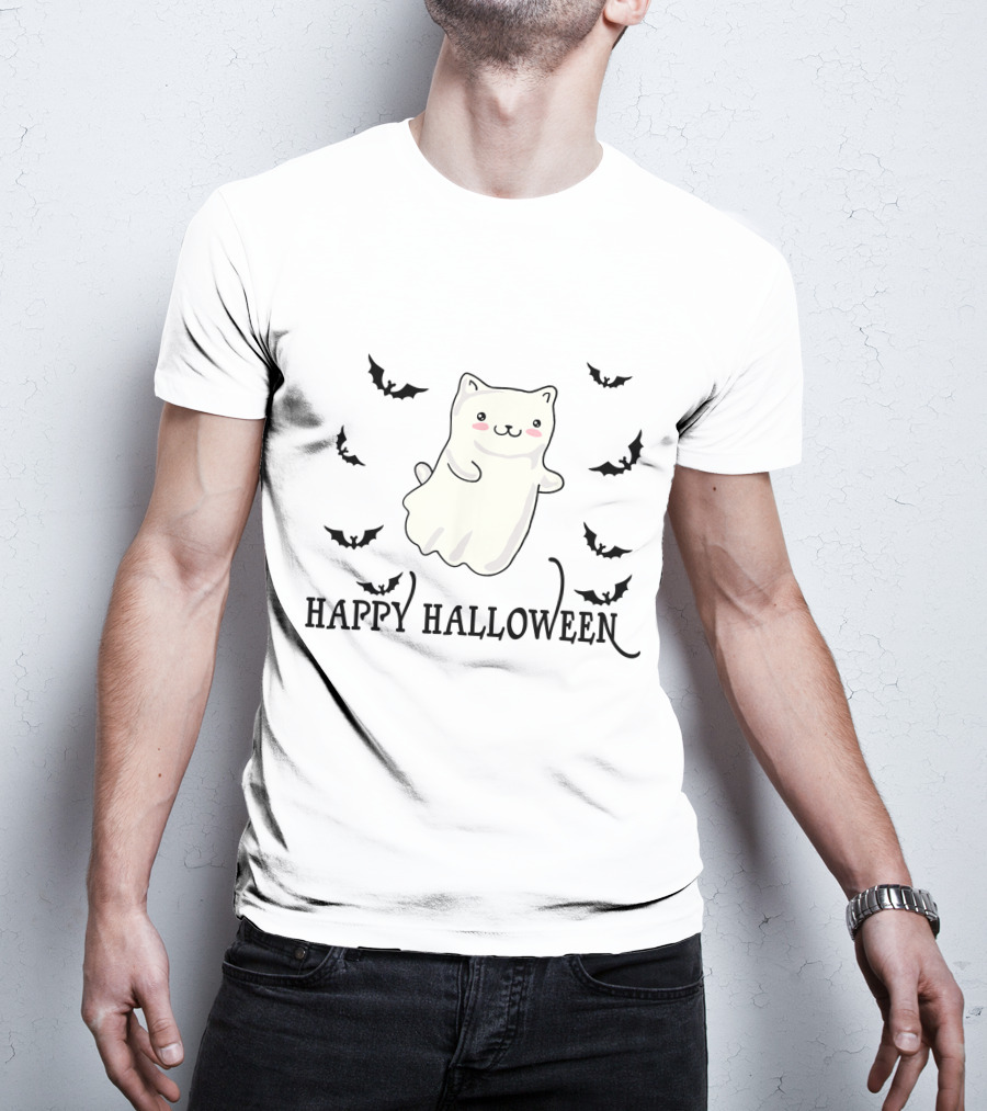 Happy Halloween Ghost Cat With Flying Bats T-Shirt