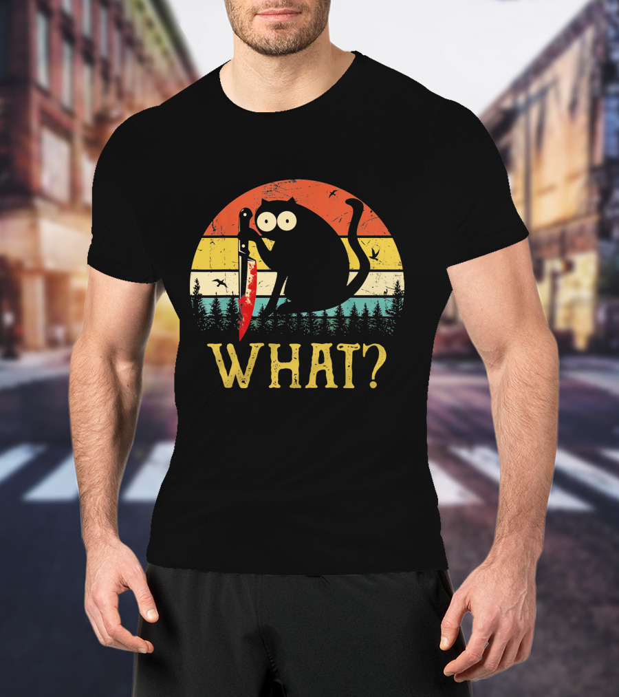 Black Cat What Retro Vintage Knife Sunset T-Shirt
