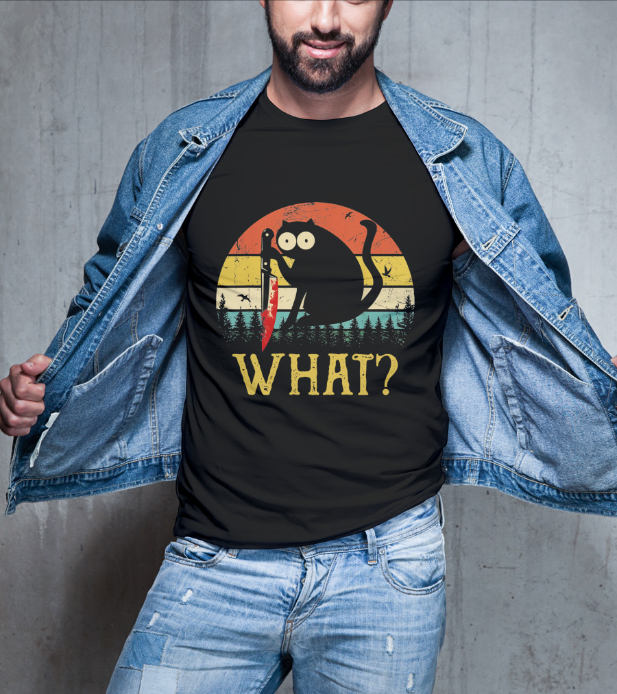 Black Cat What Retro Vintage Knife Sunset T-Shirt