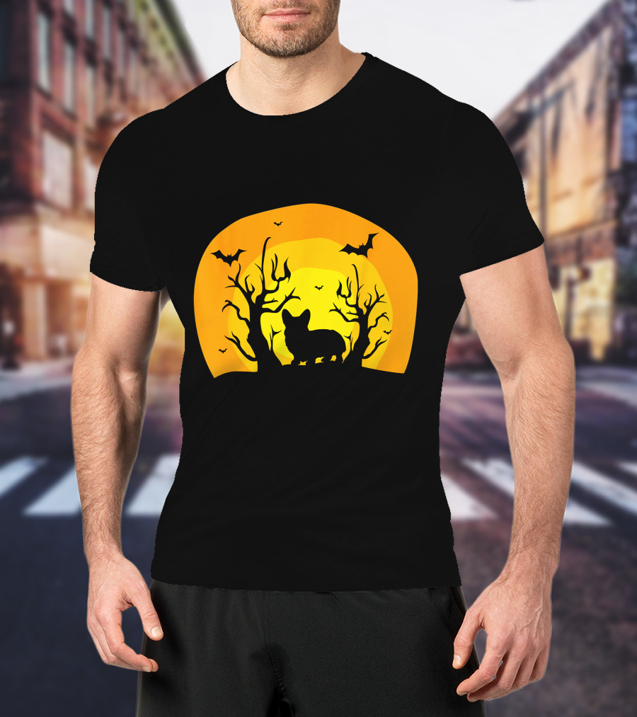 Corgi Dog Bat Halloween Silhouette With Moon And Trees T-Shirt