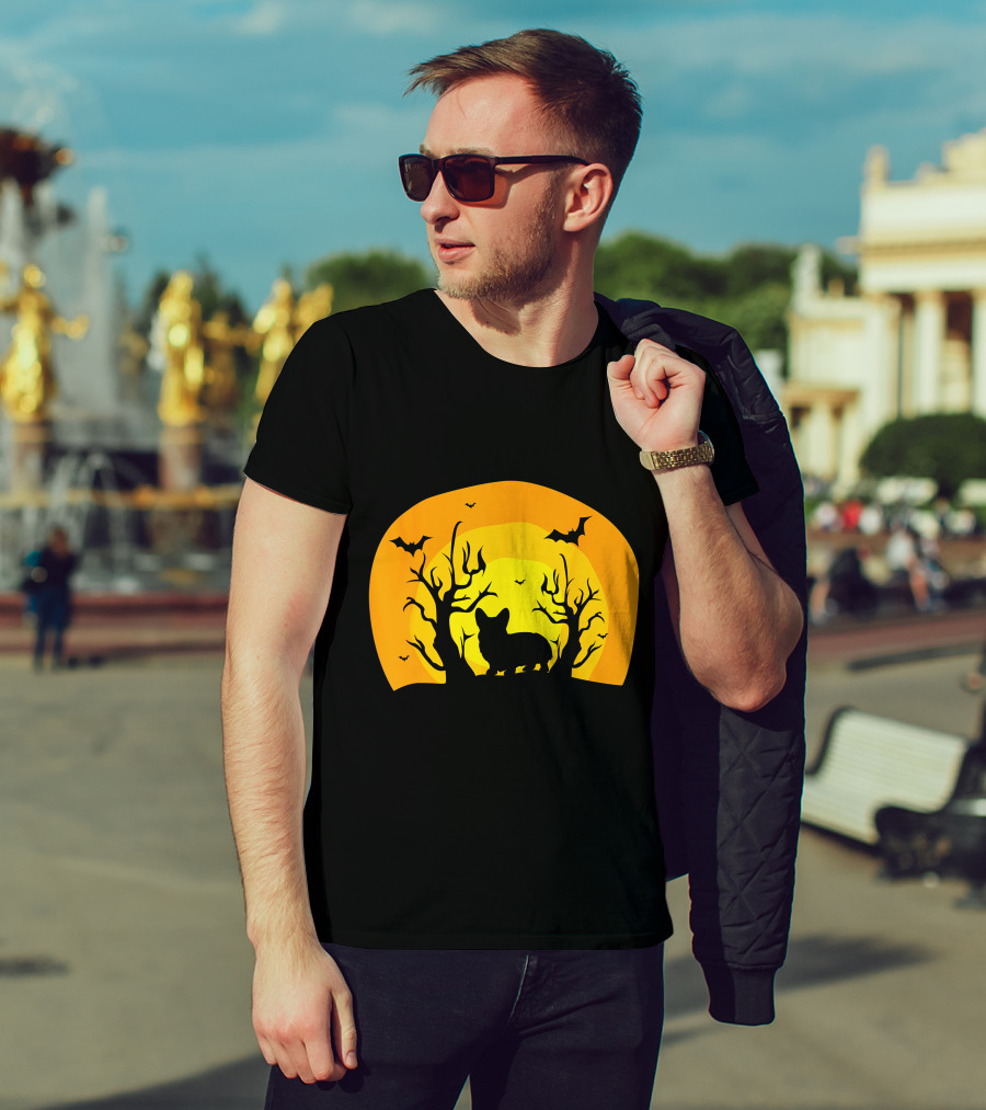 Corgi Dog Bat Halloween Silhouette With Moon And Trees T-Shirt