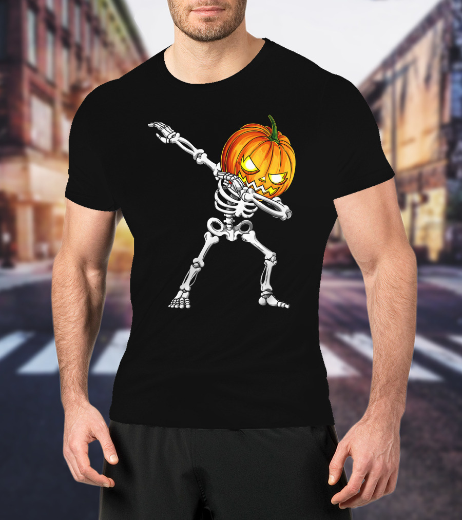 Halloween Dabbing Skeleton With Pumpkin Head T-Shirt