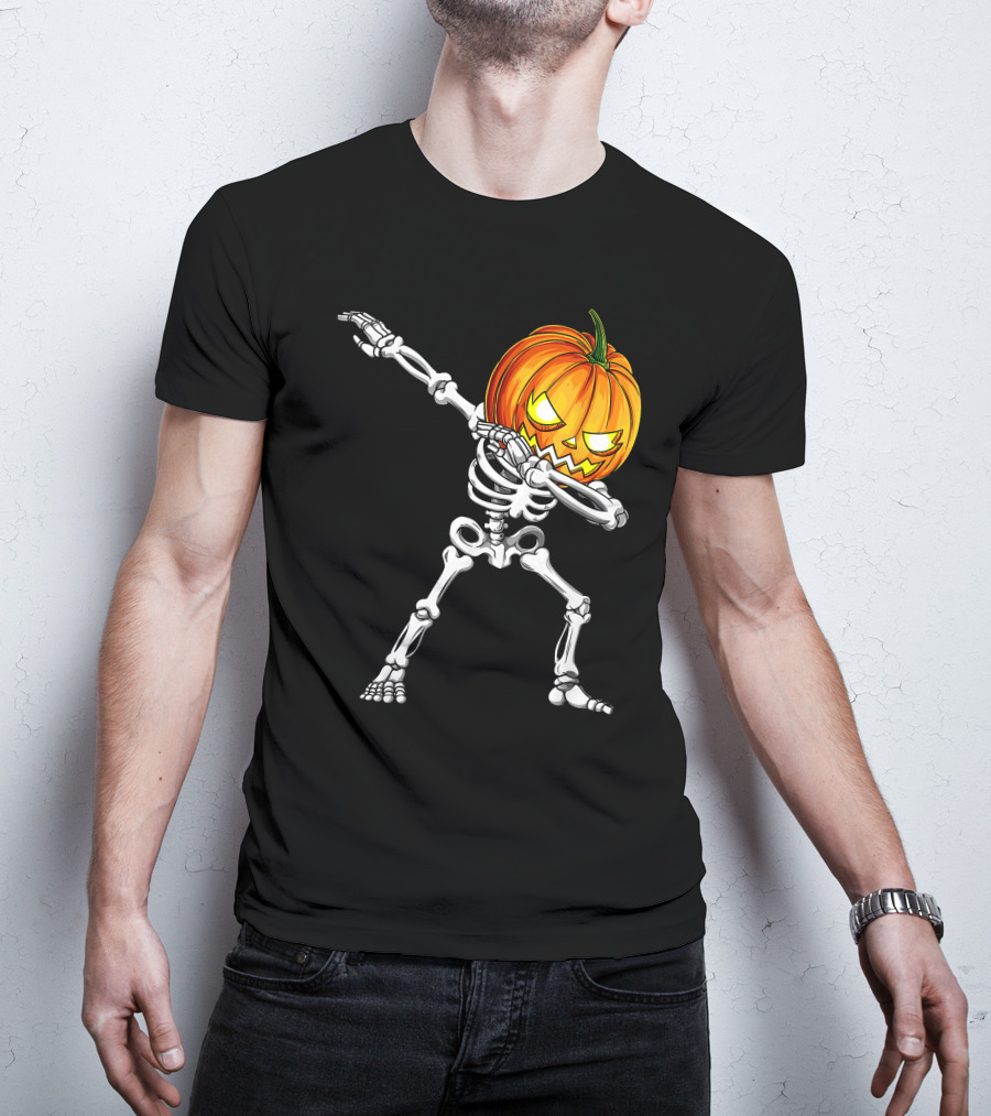 Halloween Dabbing Skeleton With Pumpkin Head T-Shirt