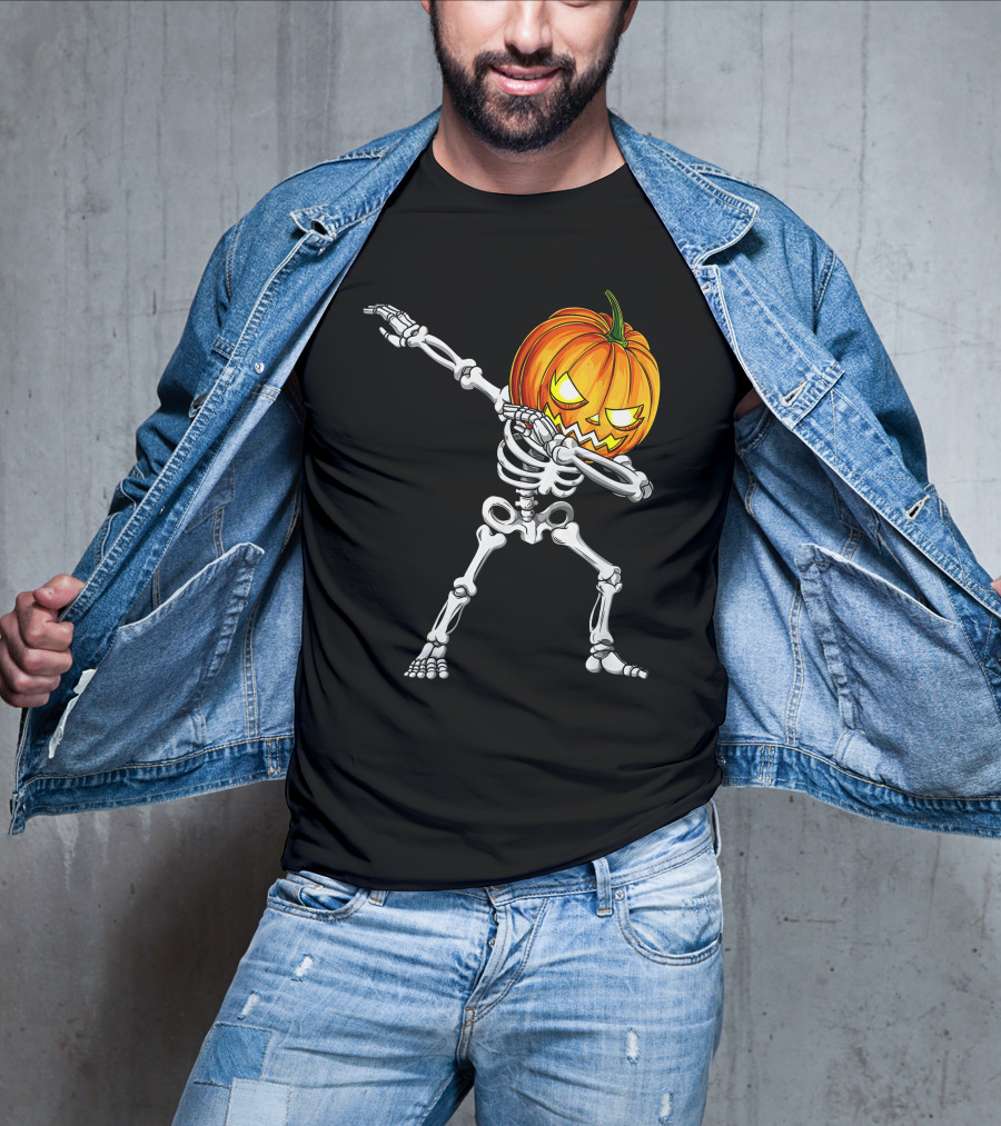 Halloween Dabbing Skeleton With Pumpkin Head T-Shirt
