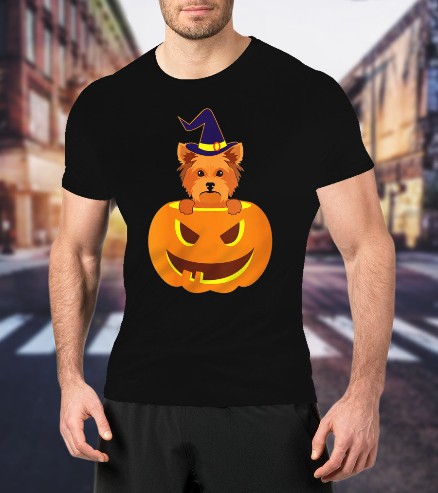 Yorkie Witch Hat Pumpkin Halloween Yorkshire Terrier T-Shirt