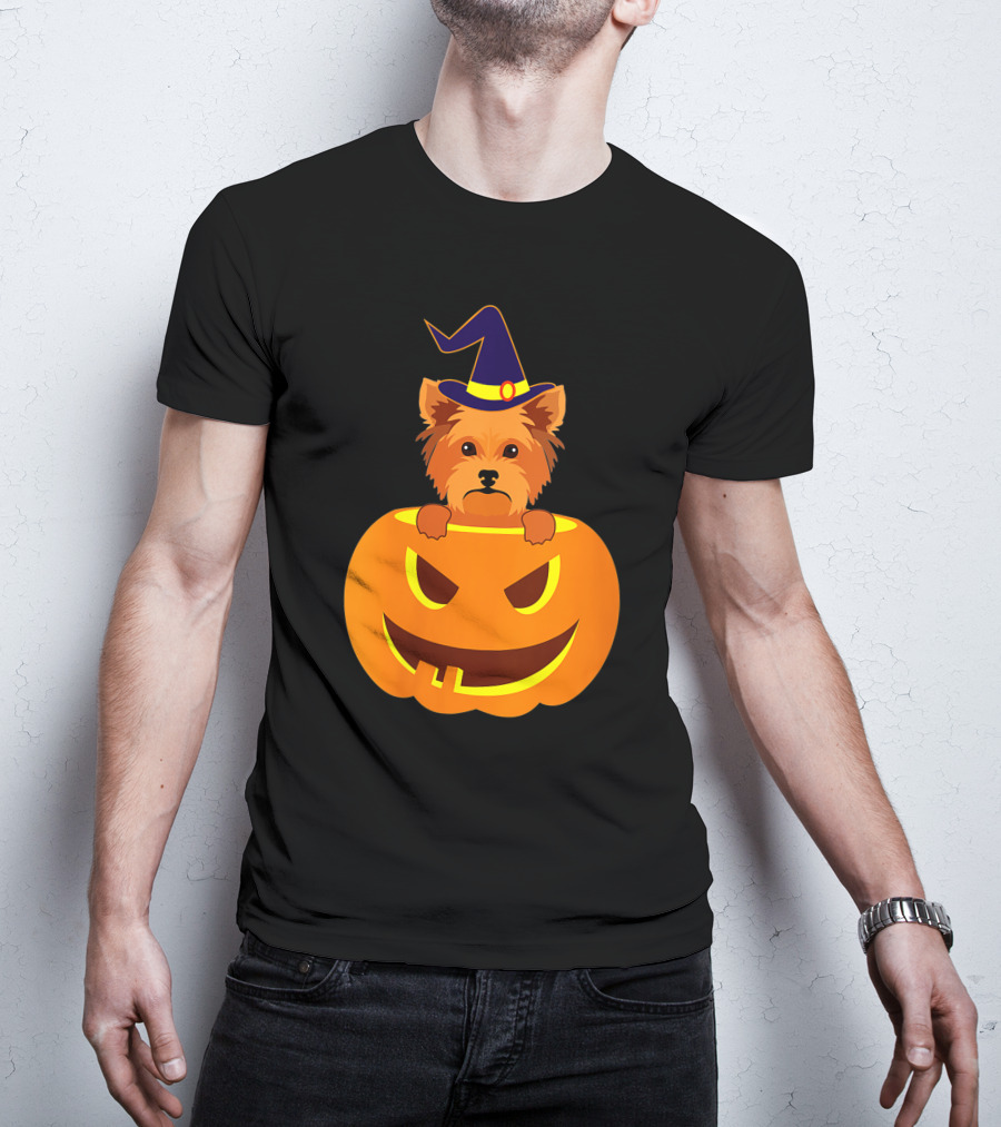 Yorkie Witch Hat Pumpkin Halloween Yorkshire Terrier T-Shirt