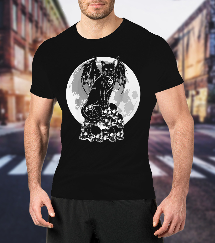 Halloween Cat Wings Skulls Moon Creepy Peace Sign T-Shirt