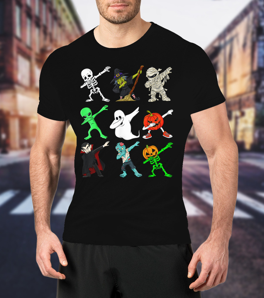 Halloween Dabbing Skeleton Witch Mummy Alien Ghost Pumpkin Vampire Zombie Monsters T-Shirt