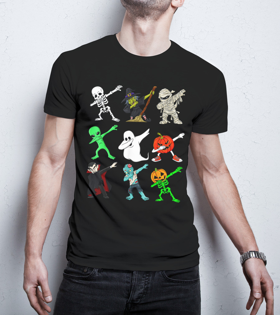 Halloween Dabbing Skeleton Witch Mummy Alien Ghost Pumpkin Vampire Zombie Monsters T-Shirt