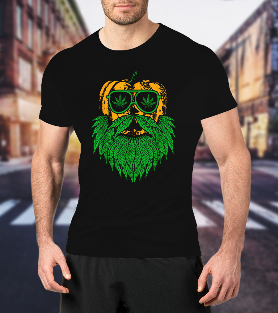 Weed Leaf Bearded Pumpkin With Sunglasses Costume Cool T-Shirt