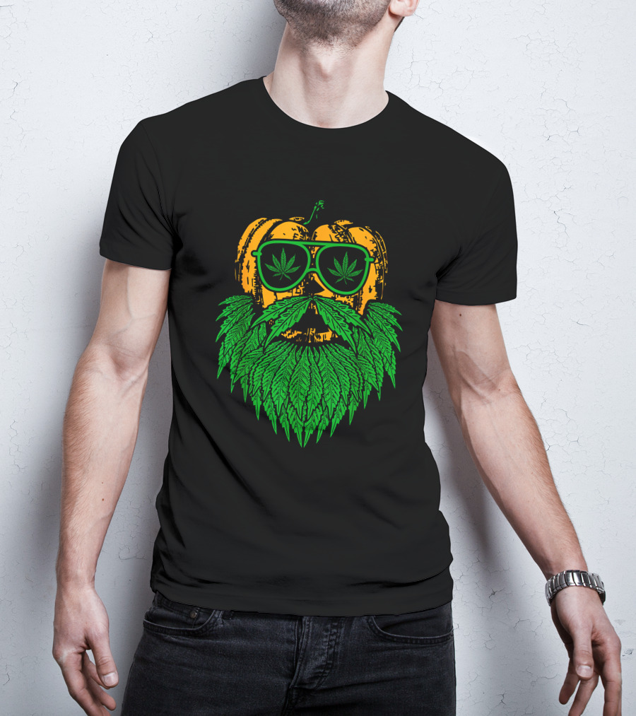 Weed Leaf Bearded Pumpkin With Sunglasses Costume Cool T-Shirt