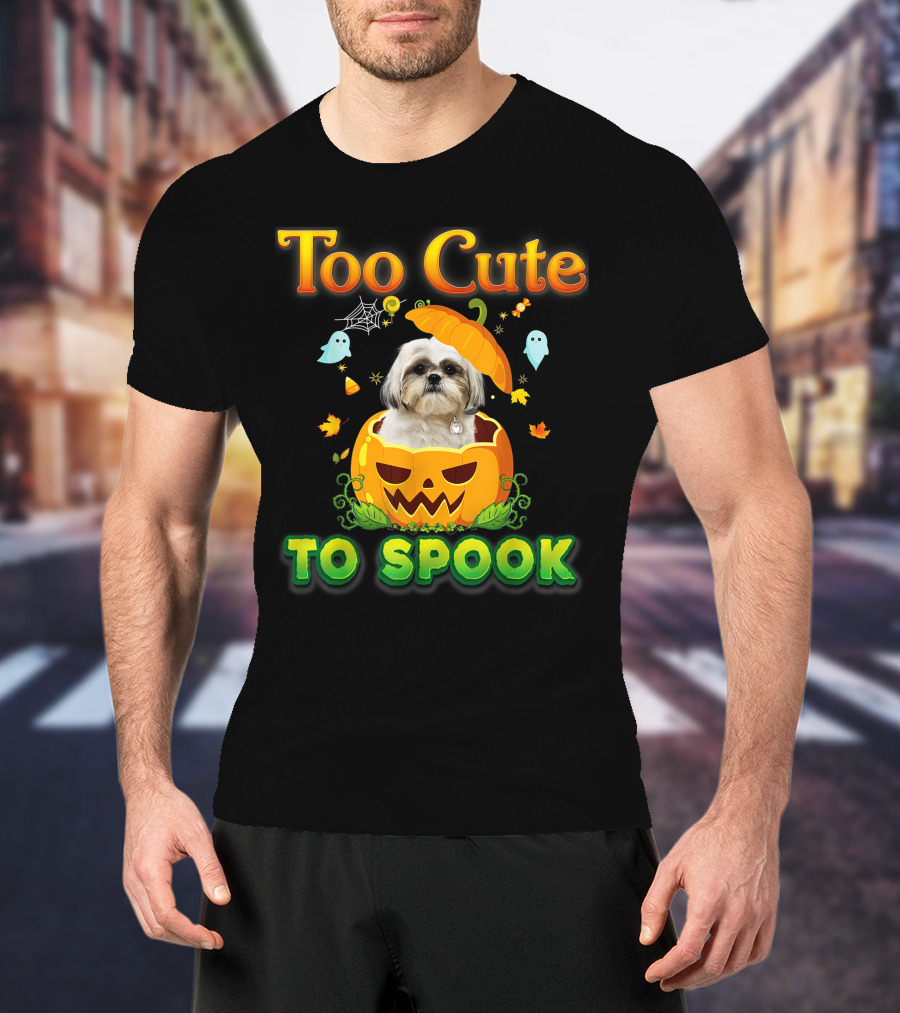 Too Cute To Spook Shih Tzu Dog In Pumpkin Halloween Ghost Leaves T-Shirt