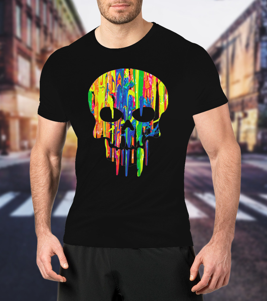 Colorful Melting Skull Cool Neon Drip Skull T-Shirt