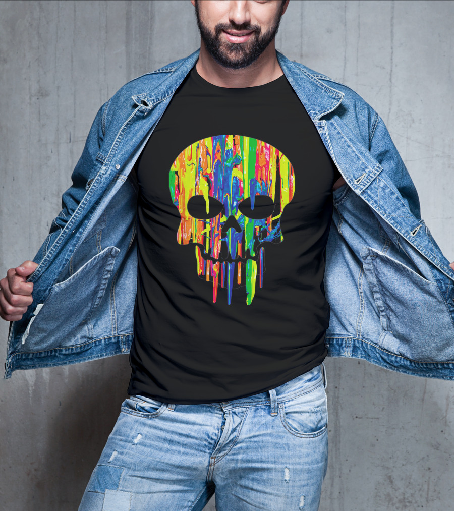 Colorful Melting Skull Cool Neon Drip Skull T-Shirt