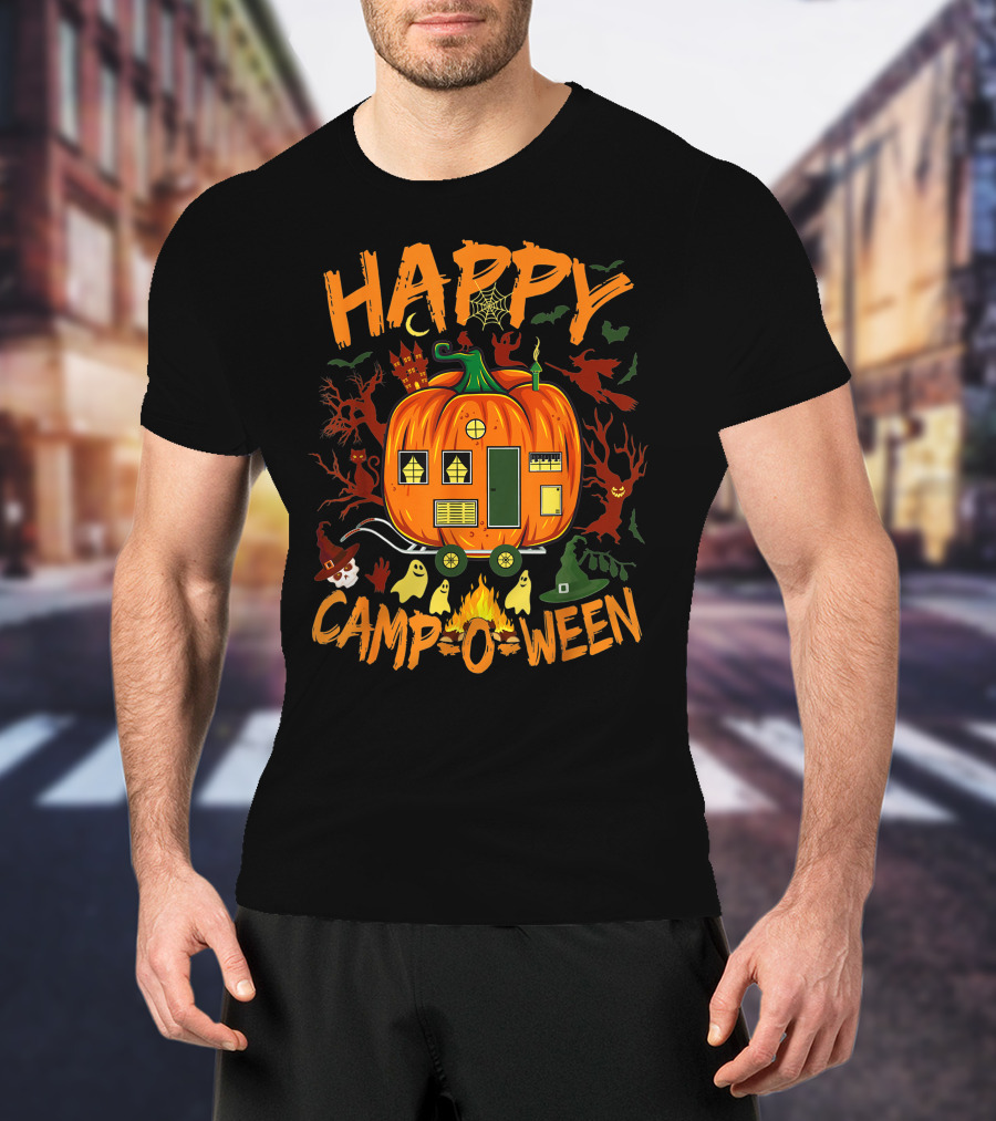 Happy Camp O Ween Funny Halloween Camping Camper Pumpkin Ghosts Witch Hat Spooky Fire T-Shirt