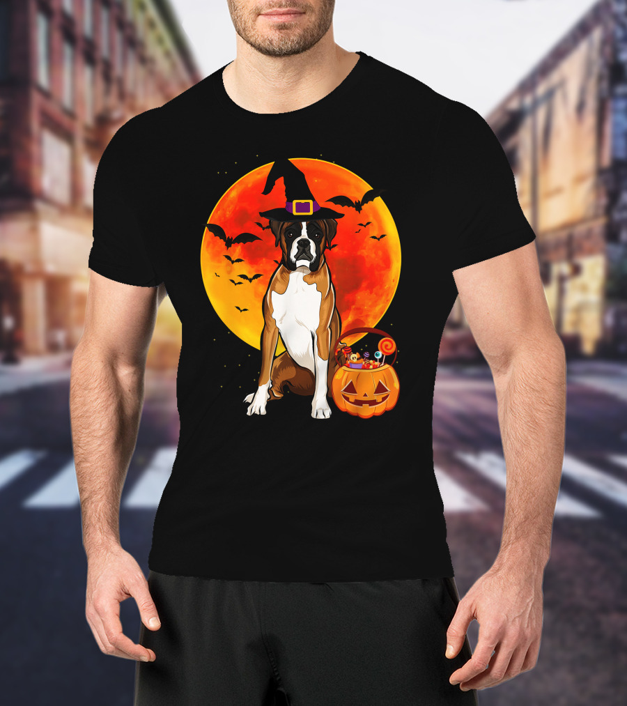 Boxer Dog With Witch Hat Pumpkin Full Moon Halloween Bats T-Shirt