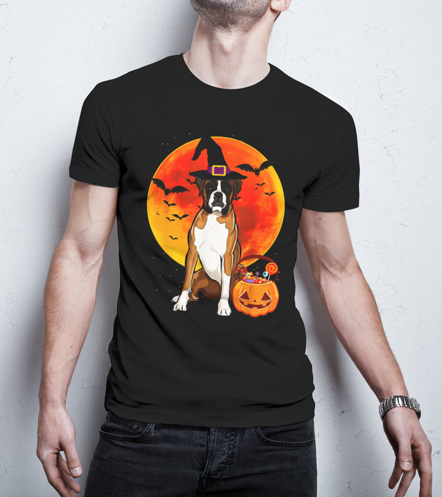 Boxer Dog With Witch Hat Pumpkin Full Moon Halloween Bats T-Shirt