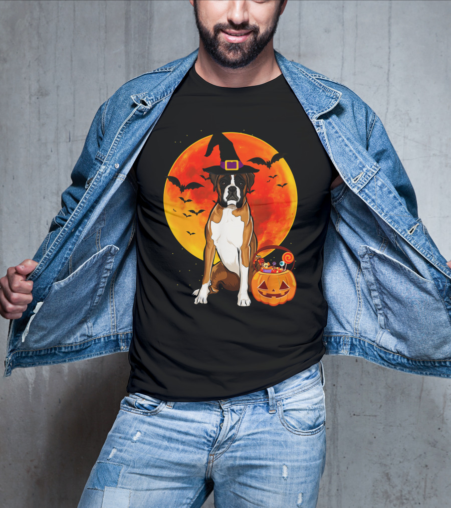 Boxer Dog With Witch Hat Pumpkin Full Moon Halloween Bats T-Shirt