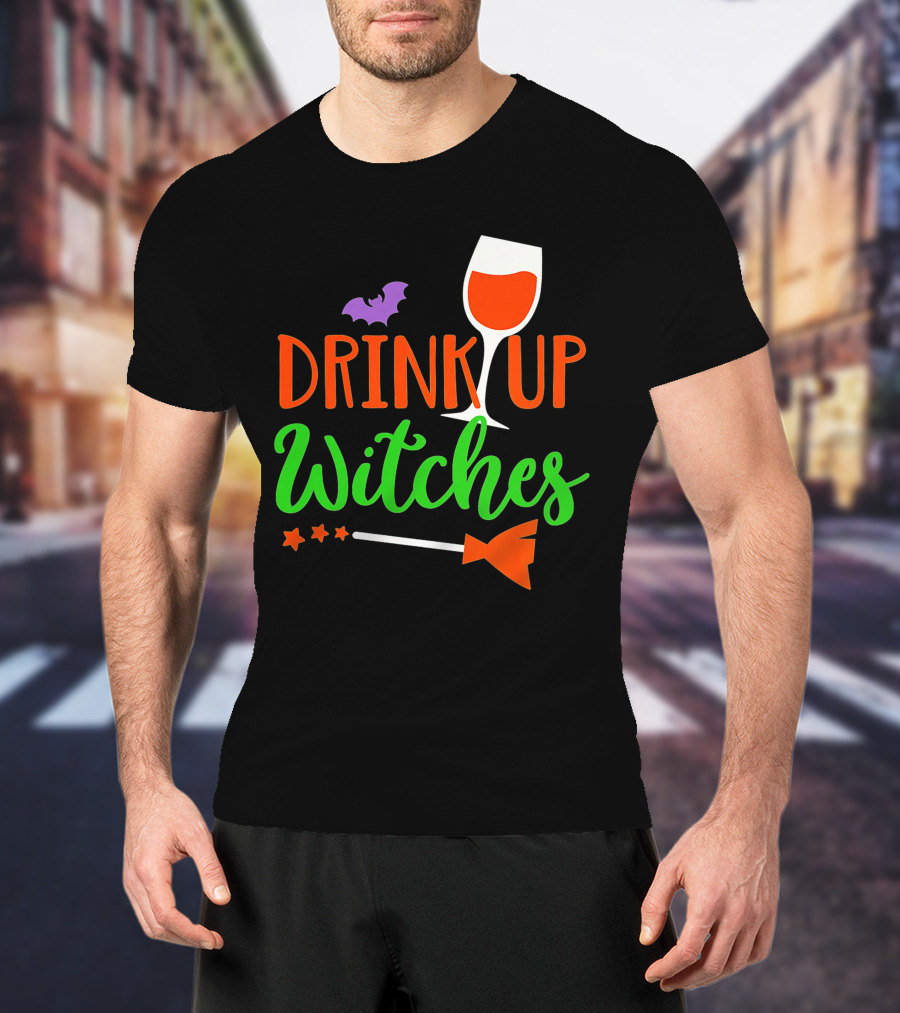 Drink Up Witches Halloween Vintage Family Wine Glass Broomstick Bat T-Shirt