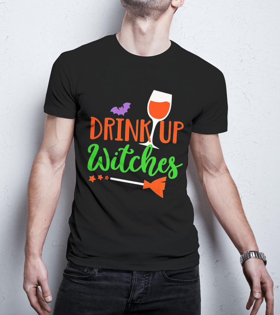 Drink Up Witches Halloween Vintage Family Wine Glass Broomstick Bat T-Shirt