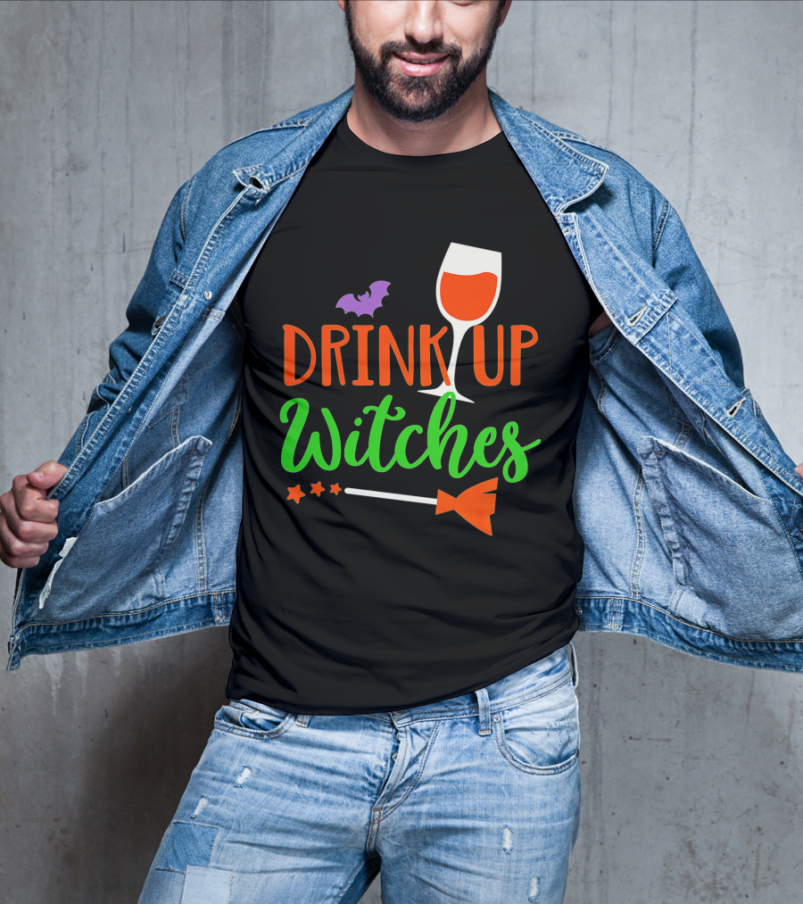 Drink Up Witches Halloween Vintage Family Wine Glass Broomstick Bat T-Shirt