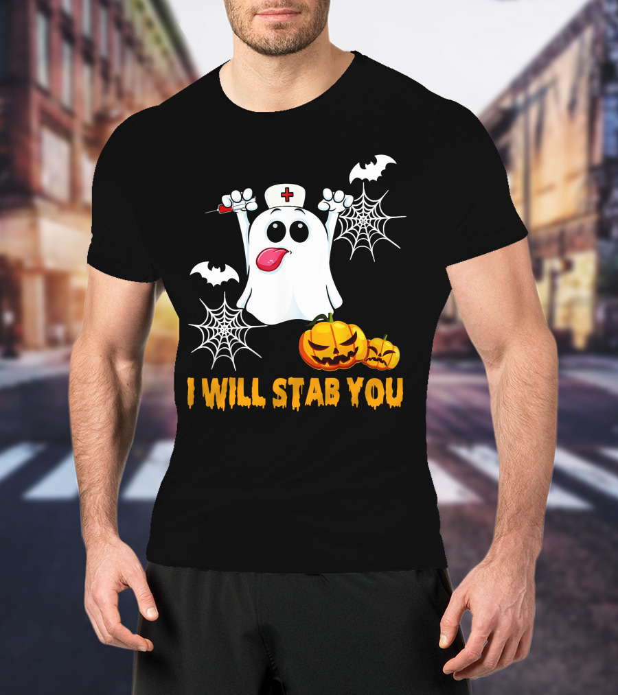 I Will Stab You Funny Nurse Ghost With Pumpkins And Bats T-Shirt