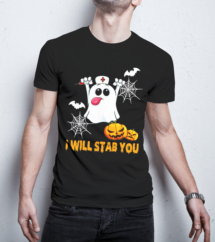 I Will Stab You Funny Nurse Ghost With Pumpkins And Bats T-Shirt
