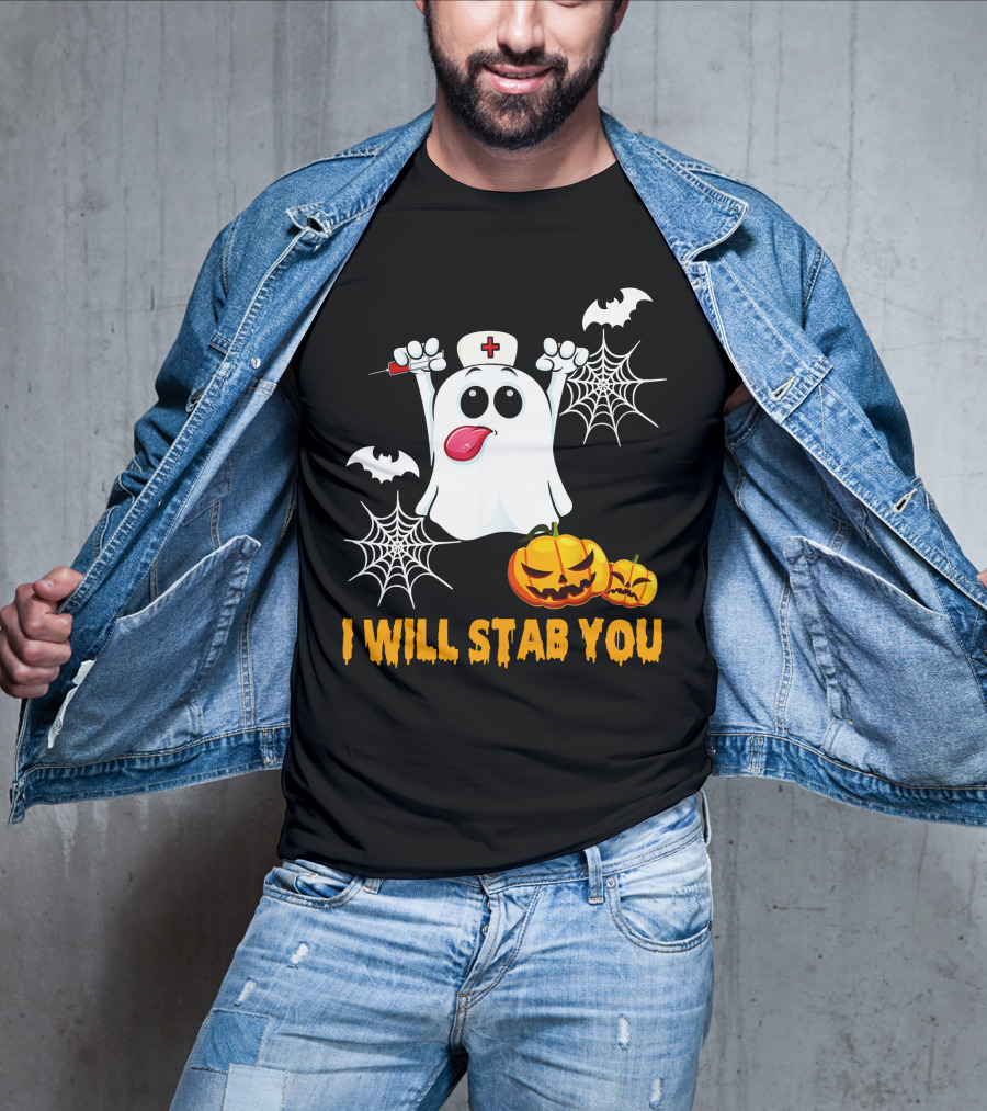 I Will Stab You Funny Nurse Ghost With Pumpkins And Bats T-Shirt