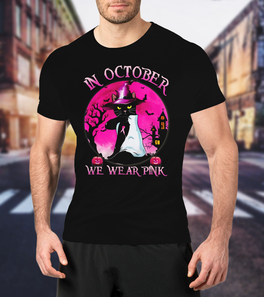 In October We Wear Pink Cat Halloween Pink Ribbon Moon Bats Jack O'Lanterns T-Shirt
