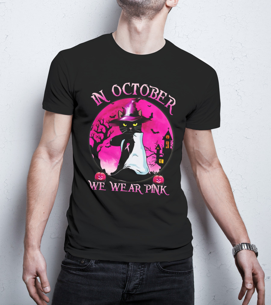In October We Wear Pink Cat Halloween Pink Ribbon Moon Bats Jack O'Lanterns T-Shirt