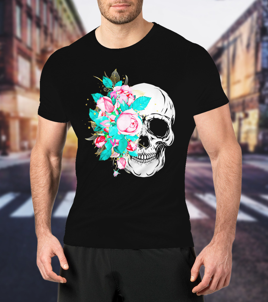 Flower Skull Floral Fusion With Vintage Rose Elements T-Shirt