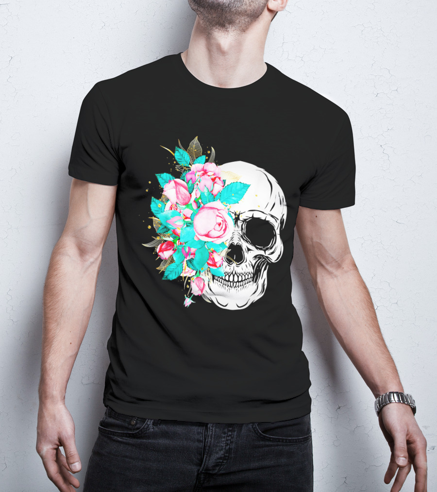 Flower Skull Floral Fusion With Vintage Rose Elements T-Shirt