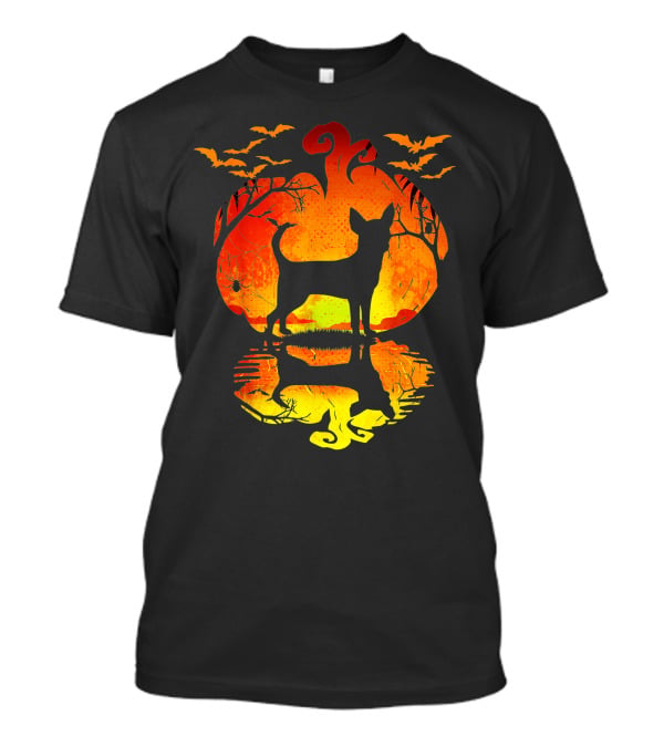 Chihuahua Dog Halloween Pumpkin Reflection With Bats And Trees T-Shirt