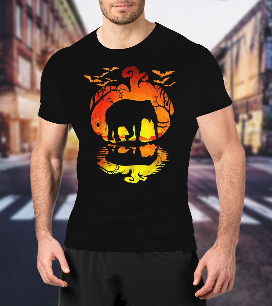 Elephant Silhouette Pumpkin Reflection With Bats And Trees T-Shirt