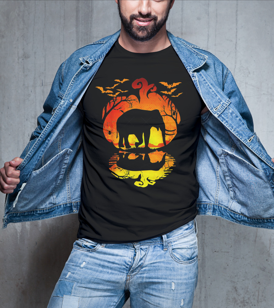 Elephant Silhouette Pumpkin Reflection With Bats And Trees T-Shirt
